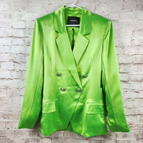 Retrofete Saige Double Breasted Blazer in Lime Punch Green Size Medium NWT Satin - Picture 3 of 12